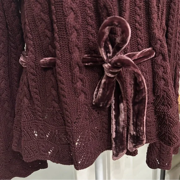 Lauren Ralph Lauren Cable Knit Cardigan Velvet Tie Waist SZ Large Quiet Luxury - Picture 4 of 10